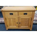 Contemporary light oak 2 door 2 draw cabinet with drop handles 78x98x35cm