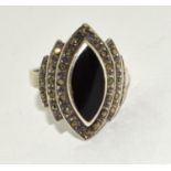 A stepped vintage art deco style jet and marcasite ring size P