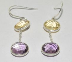 Large natural Amethyst and citrine drop silver earrings.