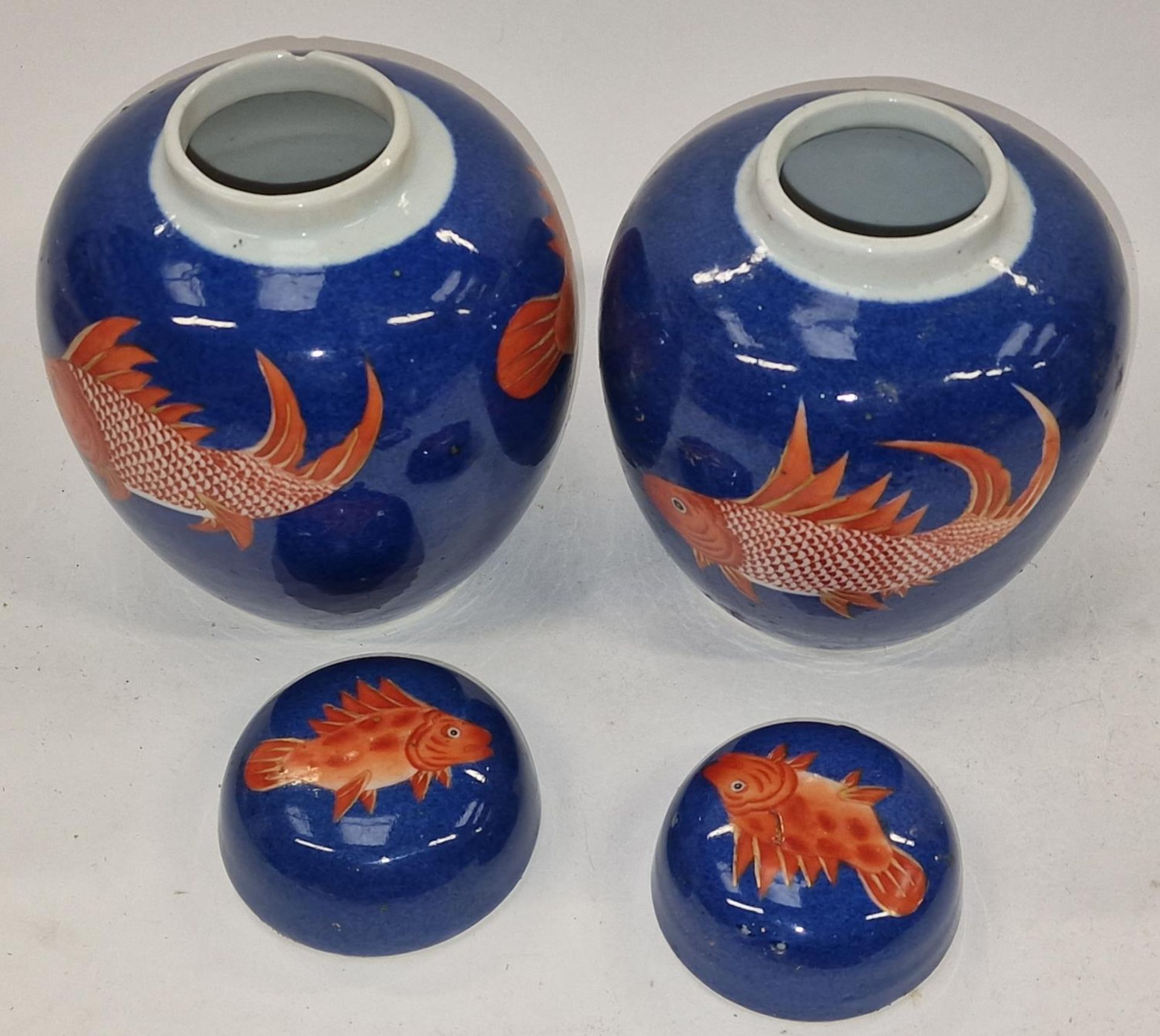 Pair of Oriental Chinese cobalt blue ginger jars decorated with fish on wooden stands each approx - Image 3 of 4