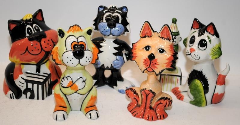 5 x Lorna Bailey cat figures including Jack in the Box, Corky, Scruffy, Mothers Surprise and Buster.