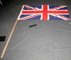 Vintage large Union Flag mounted on a wooden post. 137cms x 70cms