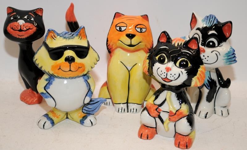 5 x Lorna Bailey Cat figures: Cool, Precious, Eros, Lenny and Dotty. All signed