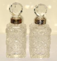 Pair Chrystal glass silver collard perfume bottles and stoppers 12x4x4cm