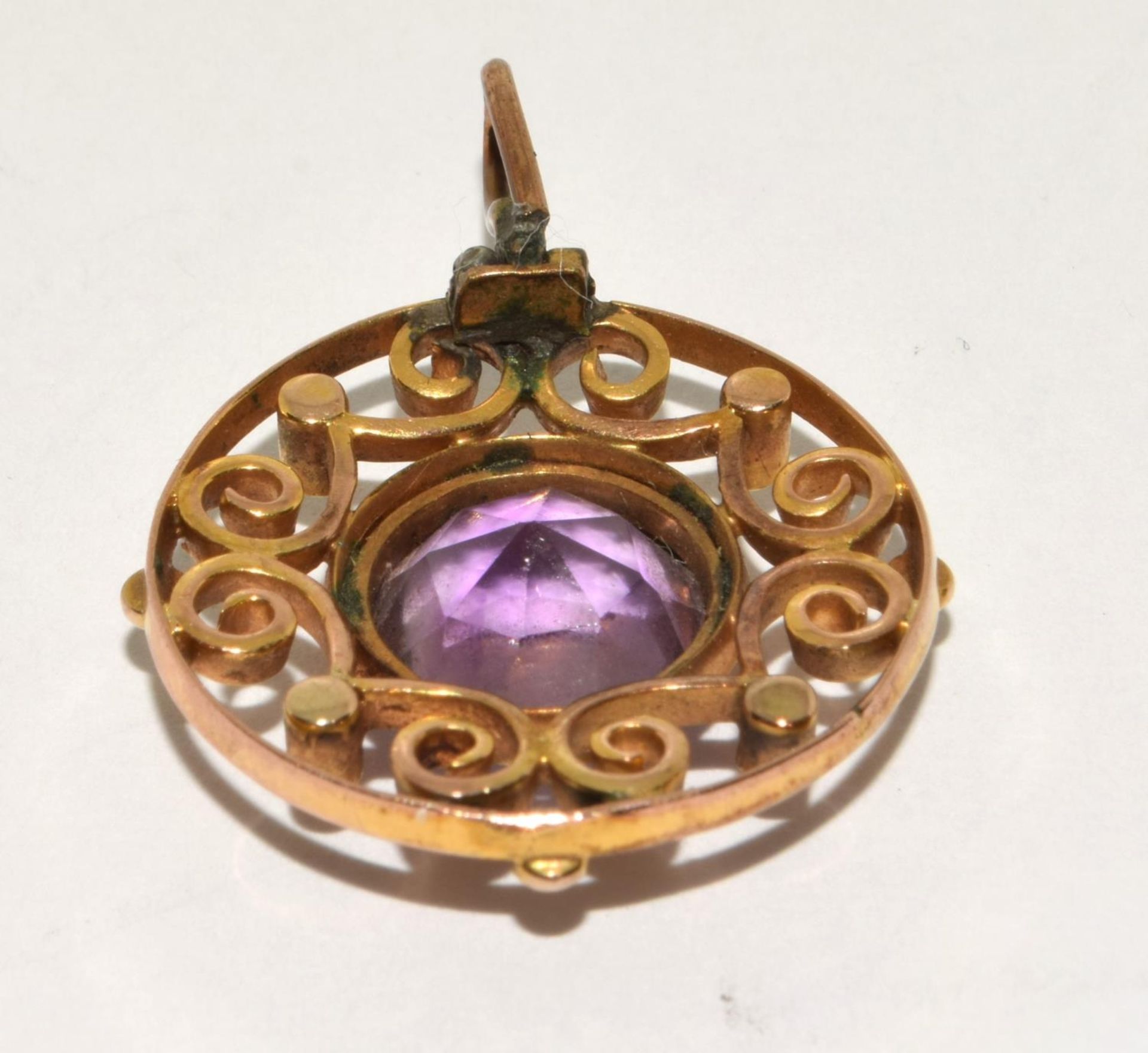Antique tested 9ct gold Amethyst and seed pearl lavaliere pendant 4g - Image 4 of 5