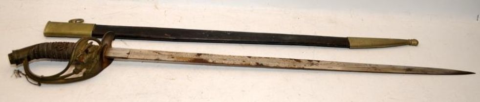 Antique Prussian Infantry Officers sword. Prussian Eagle prominent on grip and basket. O/all
