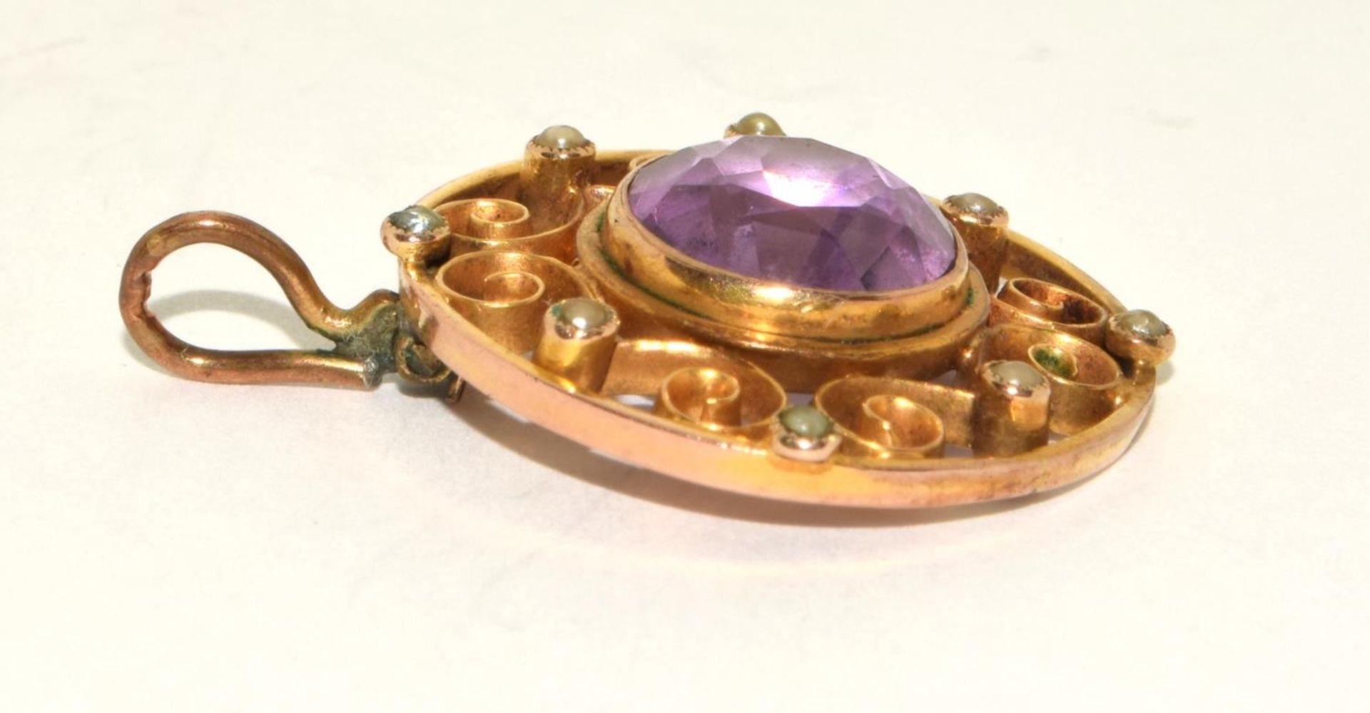 Antique tested 9ct gold Amethyst and seed pearl lavaliere pendant 4g - Image 3 of 5