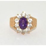 9ct gold ladies antique set Amethyst ring in the halo style with bark effect shank size M 3.8g
