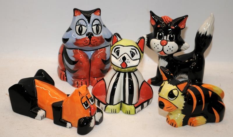 5 x Lorna Bailey cat figures including Tigger, Winston and Sammy. All signed