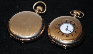 Two quality Swiss 15 Jewel gold plated pocket watches. Half hunter and full hunter examples. Both in