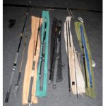 A collection of course and boat fishing rods, including DAM, Daiwa and Ron Thompson