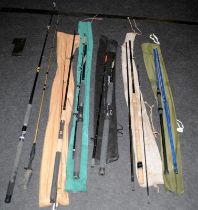 A collection of course and boat fishing rods, including DAM, Daiwa and Ron Thompson