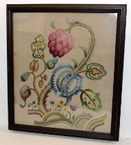 Large framed antique woollen tapestry on hessian. O/all frame size 56cms x 64cms