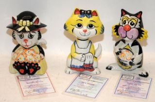 Lorna Bailey Cat Figures: Bouquet 15/75, Basket 5/75 and Busy Mummy 63/75. All with signed