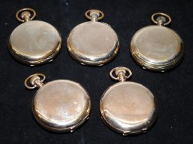 A collection of gold plated full hunter pocket watch cases. External size 50mm not including winder,