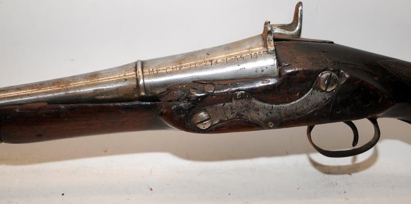 Antique muzzle loading percussion musket with foundry/armoury marks. O/all length 212cms. Wall - Image 2 of 8