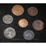 A small collection of antique copper coins to include James II Gun Money Shilling dated August 1689.