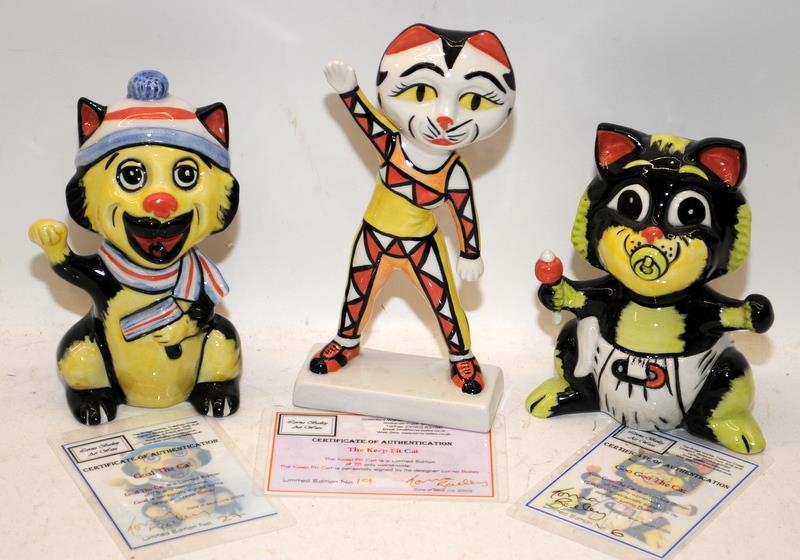 Lorna Bailey Cat Figures: Goo Goo 6/75, Goal 27/75 and Keep Fit Cat 19/75. All with signed