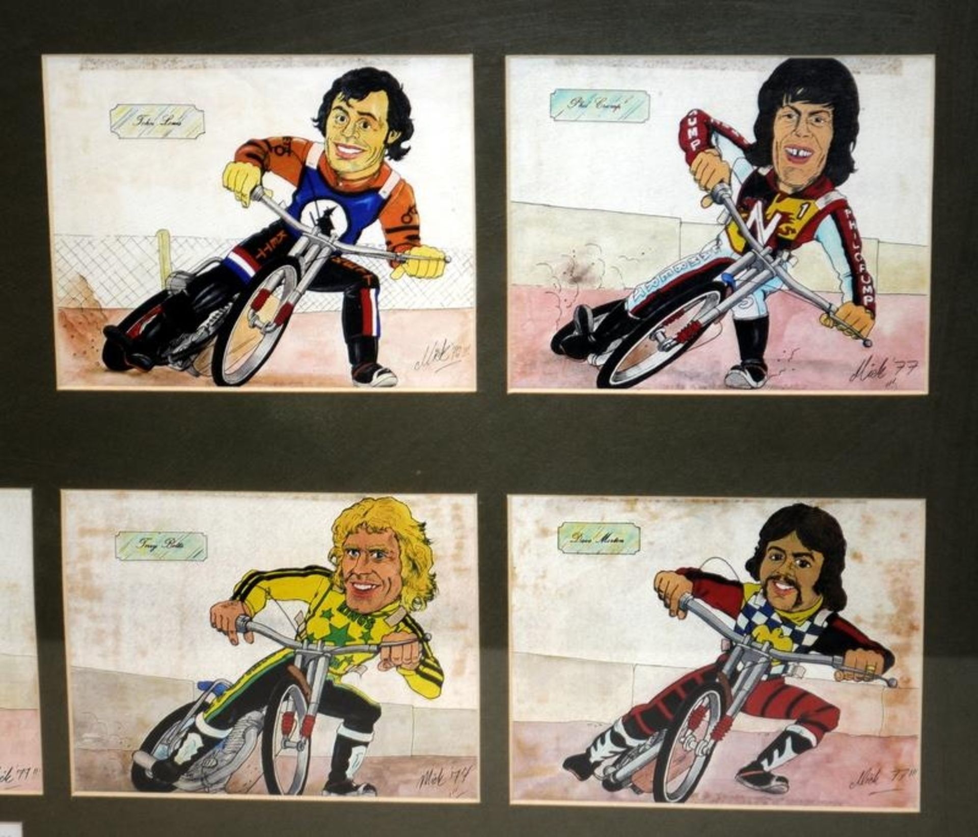 A collection of 1970's & 80's Speedway Star cartoon caricatures. 20 images in total, 2 x 10 glazed - Image 5 of 6
