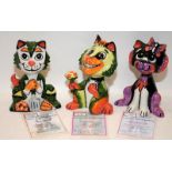 Lorna Bailey Cat Figures: Flutterby 12/75, Digger 17/75 and The suitor 26/75. All with signed