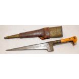 Vintage Afghan Choora dagger with horn and brass handle c/w original brass and leather sheath. O/all