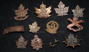 Collection of WWI Canadian Forces Cap Badges, some scarce examples. 12 in lot