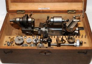 Vintage Wolf Jahn watchmakers/jewellers lathe and cross slide with accessories in original hinged