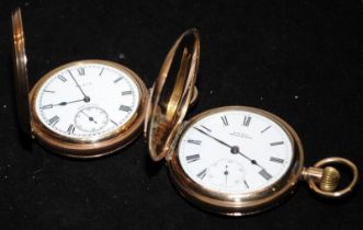 Two quality vintage gold plated full hunter pocket watches, one Elgin and one Waltham. Both in