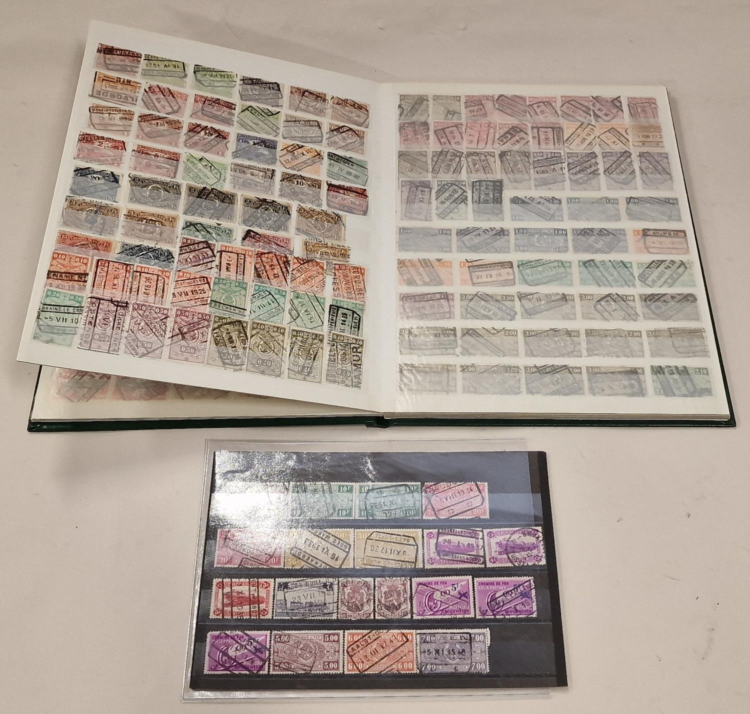 Belgium green stockbook & card of railway stamps.