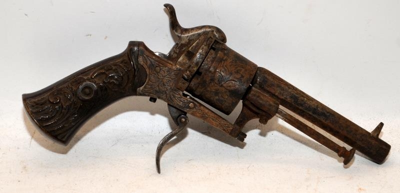 Antique 6 shot pin fire revolver with folding trigger. Mechanism functions but may require some - Image 2 of 5
