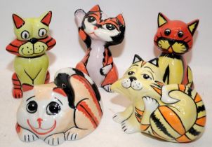 5 x Lorna Bailey cat figures including Scratchy, Gizmo and Cheerio. All signed