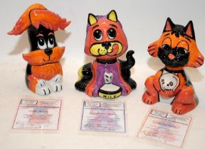Lorna Bailey Cat Figures: Quiffy 4/50, Cat and Mouse 9/50 and Scrumptious 36/50. All with signed