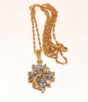 9ct gold Tanzanite floral pendant necklace chain 42cm