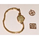 9ct gold watch by J.W.Benson together 2 x gold charms