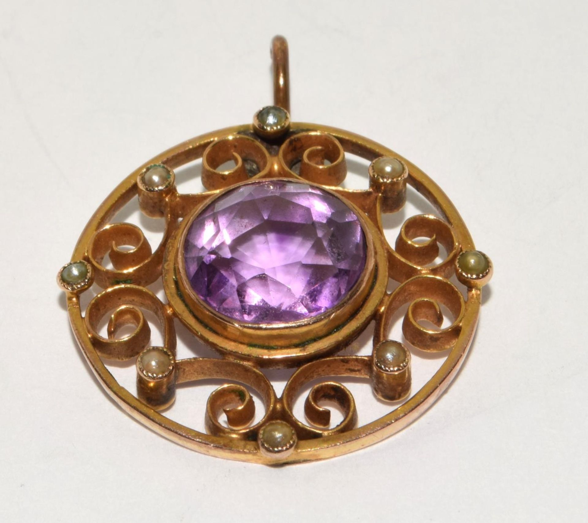 Antique tested 9ct gold Amethyst and seed pearl lavaliere pendant 4g - Image 5 of 5