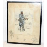 Framed WWI Snaffles (Charles Johnson Payne 1884-1967) print: 'Le Poilu'. O/all frame size 37 x 46