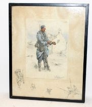 Framed WWI Snaffles (Charles Johnson Payne 1884-1967) print: 'Le Poilu'. O/all frame size 37 x 46