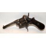 Antique 6 shot pin fire revolver with folding trigger. Working action but missing ejector pin. O/all