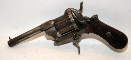 Antique 6 shot pin fire revolver with folding trigger. Working action but missing ejector pin. O/all