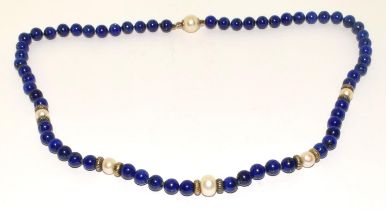 Vintage Lapis and cultured pearl and silver necklace with cultured pearl clasp