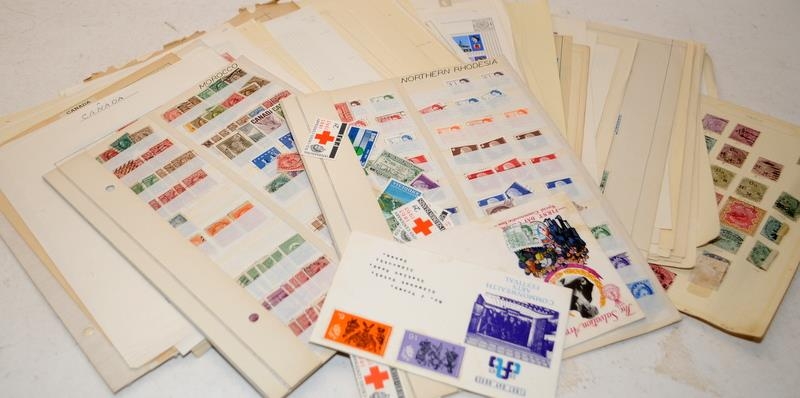 Folder containing a selection of stock sheets and loose album pages of world stamps including