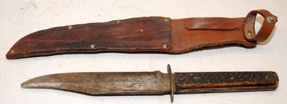 Vintage Herbert Robinson bladed Sheath or Bowie knife with horn handle c/w original sheath. O/all
