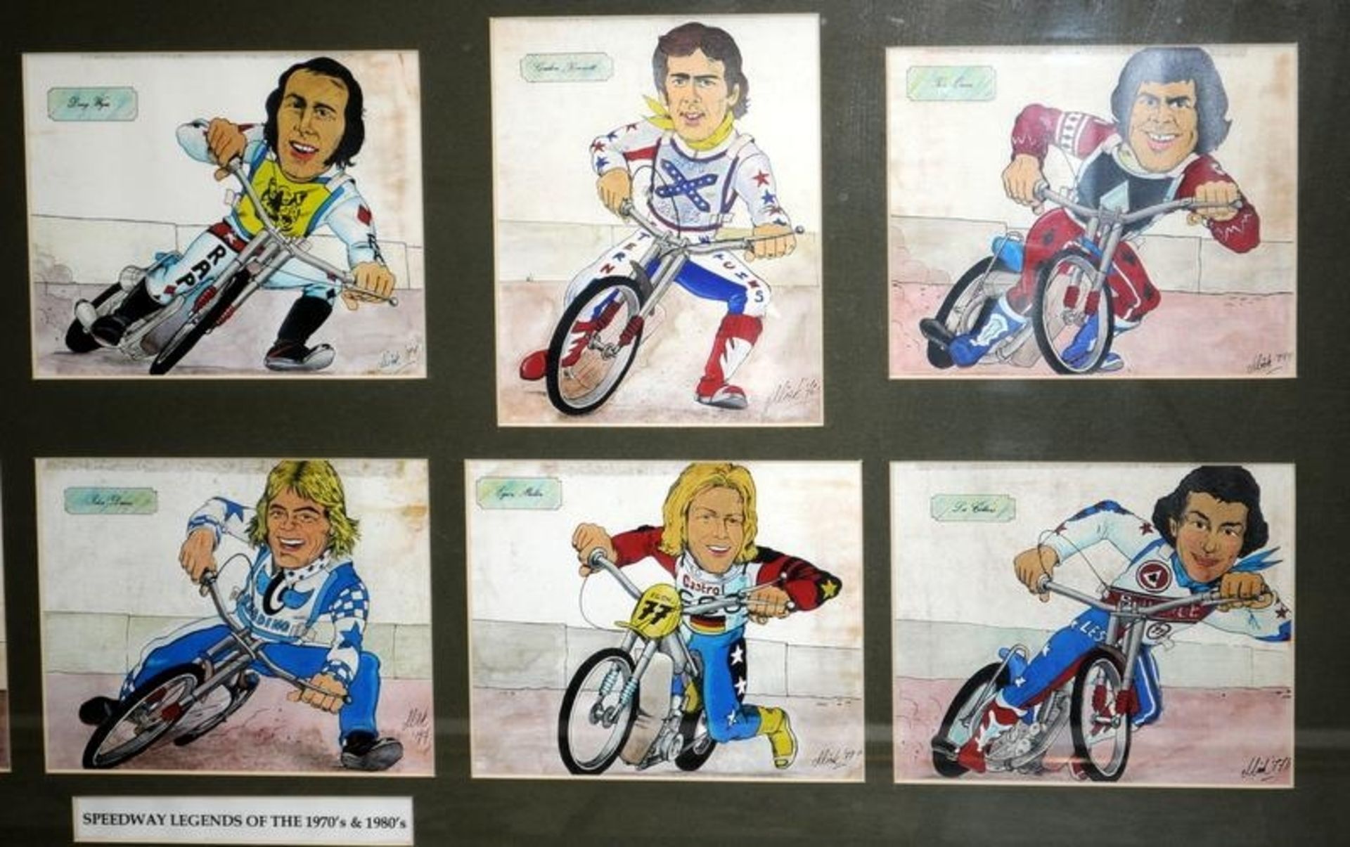 A collection of 1970's & 80's Speedway Star cartoon caricatures. 20 images in total, 2 x 10 glazed - Image 2 of 6