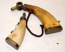 Two antique horn powder flasks, one with viewing window