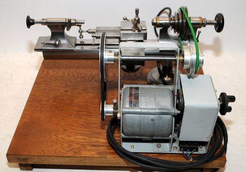 Quality vintage watchmakers/jewellers lathe mounted on board c/w motor and accessories. From a - Image 5 of 6