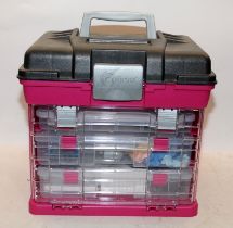 Plastic storage box with drawers containing a useful quantity of watch makers tools. Removed from