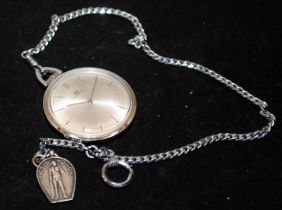 Swiss Bucherer open face pocket watch c/w watch chain and fob. Working at time of listing