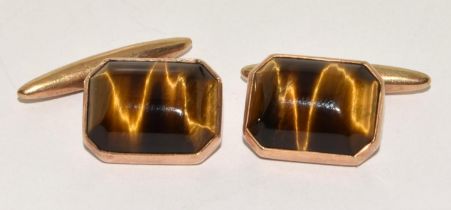 pair of vintage heavy 9ct gold and Tigers Eye cufflinks 7.5g