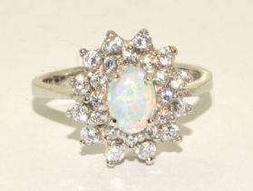 An opal cabochon zirconia 925 silver cluster ring Size N