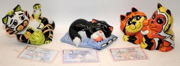 Lorna Bailey Cat Figures: The Playful Pair 38/75, Playtime 4/75 and Catnap 8/75. All with signed